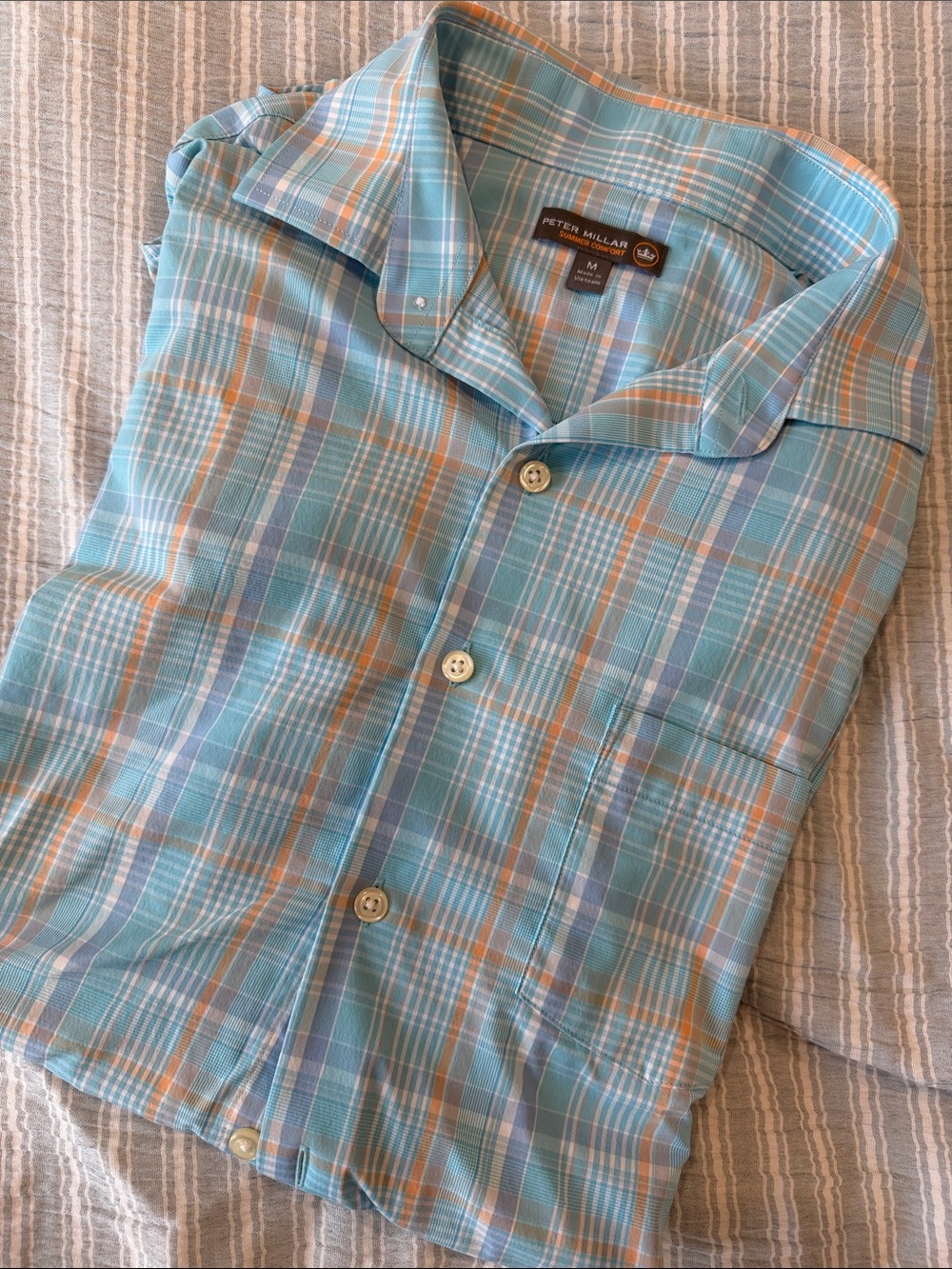 Peter Millar Summer Comfort Size M Light Blue & Orange Plaid Button-Down Shirt